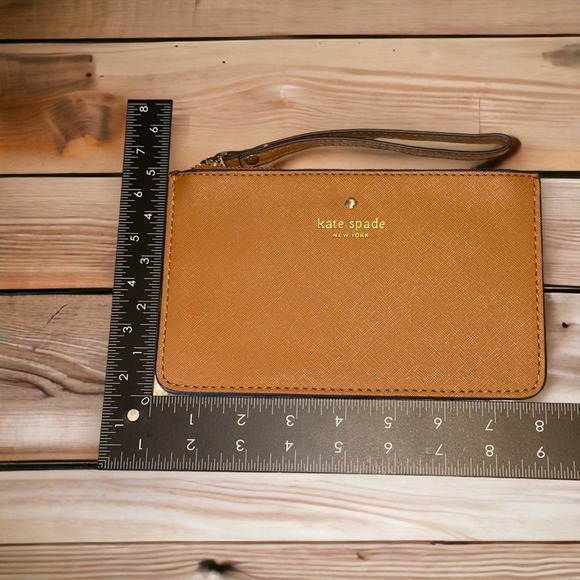 KATE SPADE - Leather Wristlet Pouchette, brown/light fawn color - Picture 2 of 14